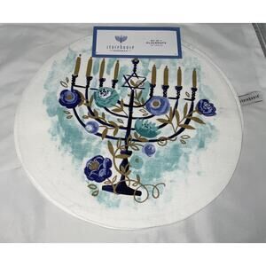 NEW HANUKKAH CIRCLE PLACEMATS STAR OF DAVID MENORAH BLUE WHITE FLOWERS SET/4